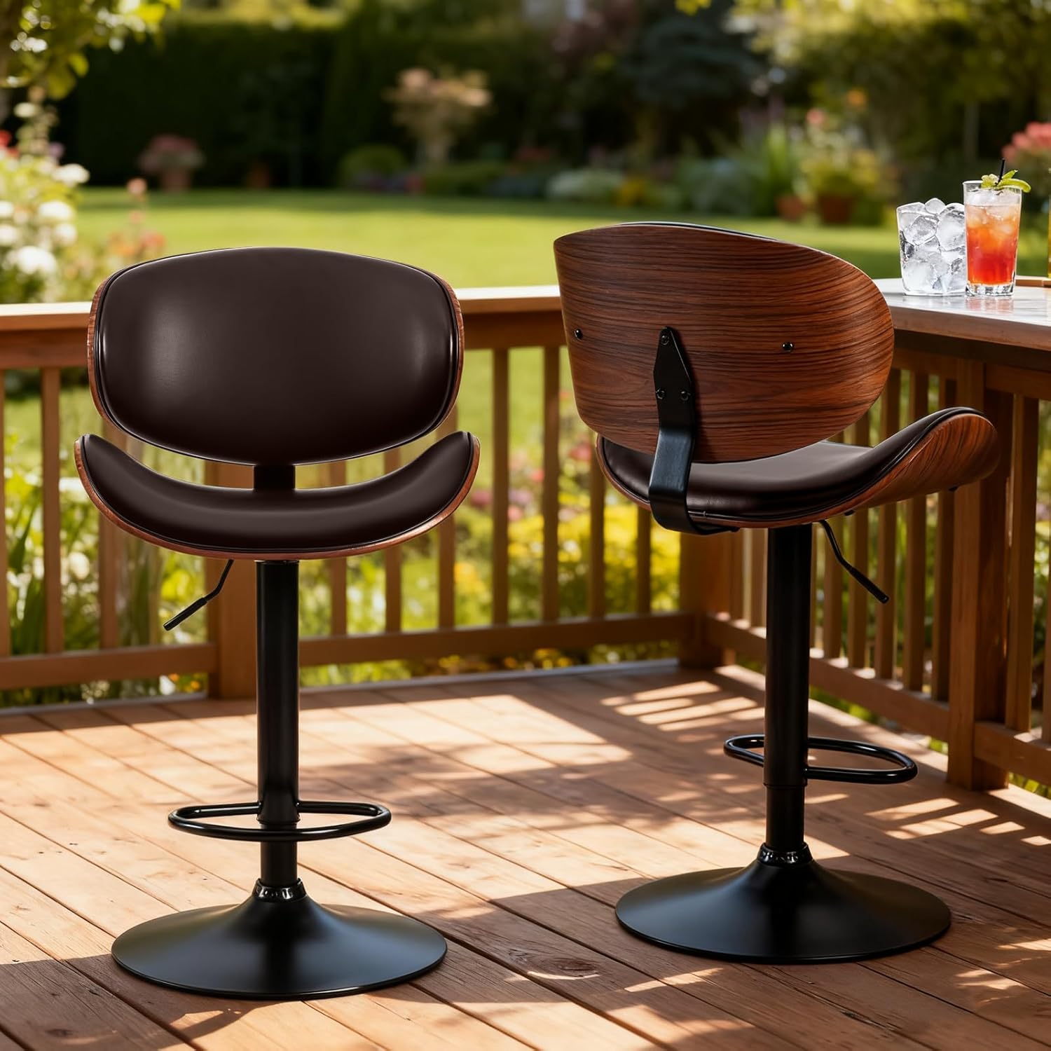 DUMOS Swivel Bar Stools Set of 4, Adjustable Counter Height Bentwood BarStools, PU Leather Upholstery Bar Chair with Ergonomic Back and Footrest, Counter Stools for Bar, Home Kitchen Island, Brown