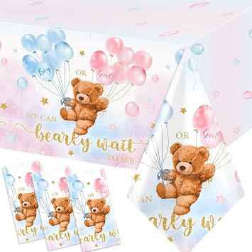 GREHUMOR 3Pcs Bear Gender Reveal Decorations Tablecloths Boy or Girl Gender Reveal Decorations Pink Blue Teddy Bear Rectangle Table Cloths Revelacion De Sexo De Bebe