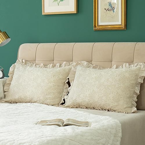 Miniatura 3 de Juego de 2 fundas de almohada de tela jacquard de lino y algodón lavado 100% algodón lavado retro con volantes ribete beige sólido fundas de