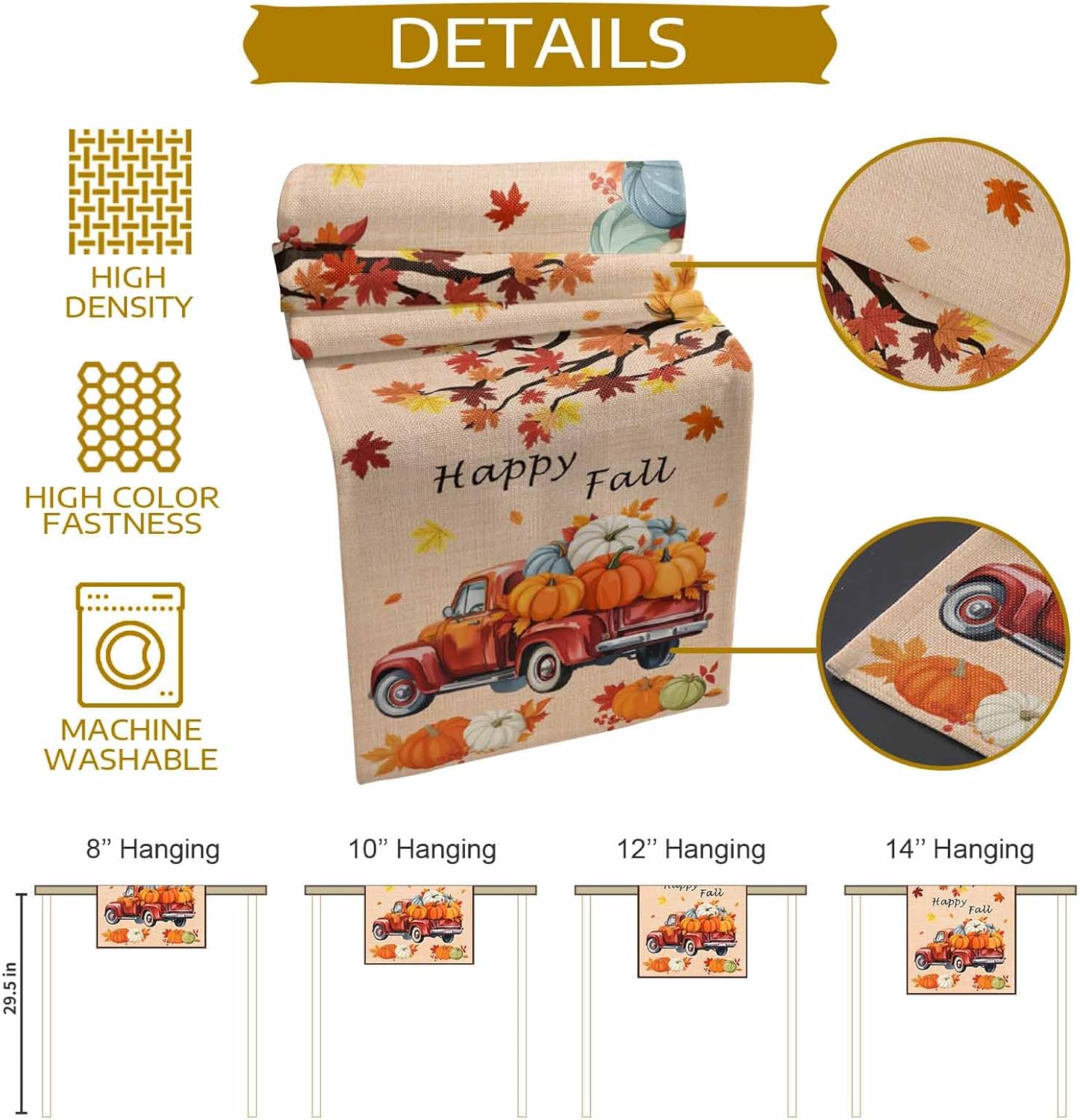 LooPoP Thanksgiving Truck Fall Pumpkin Maple Leaves Table Runners Orange Traditions Autumn 13x120 Inches Long Washable Table Runner for Round Table Kitchen Coffee Dining End Table Living Room Use
