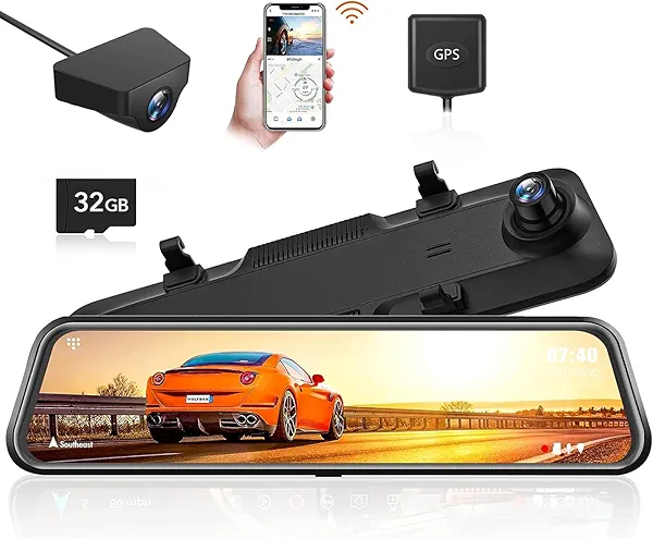 WOLFBOX G840H 12'' Mirror Dash Cam with ADAS and BSD, 2.5K Rear View Mirror Camera Front and Rear, 5.8GHz WiFi, Voice Control, Parking Monitor, Included 32GB Card & GPS, Loop Recording