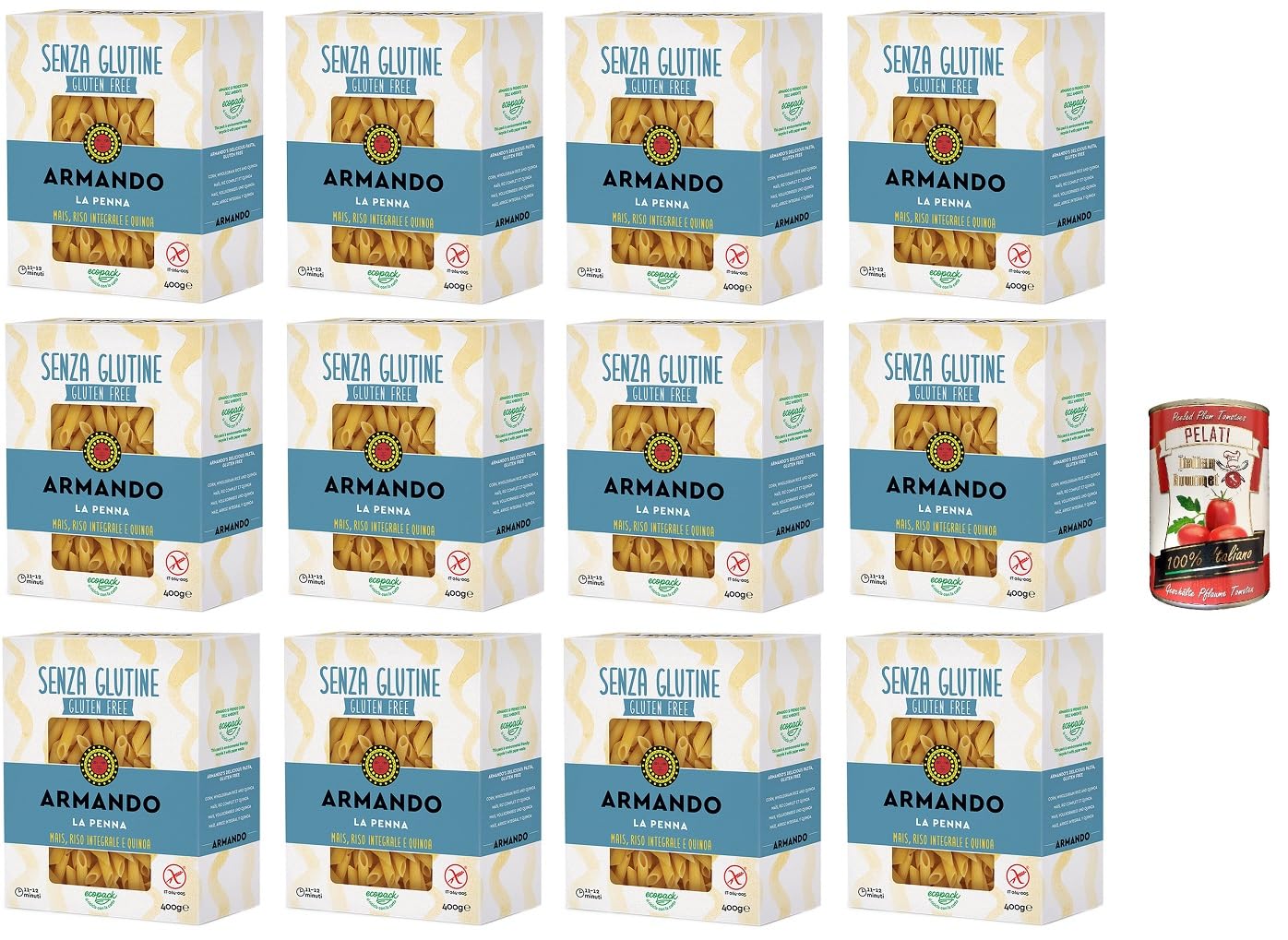 Armando, La Penna, pasta multigrano sin gluten con maíz, arroz integral y quinua 400 gr+ Italian Gourmet pelati 400 gr