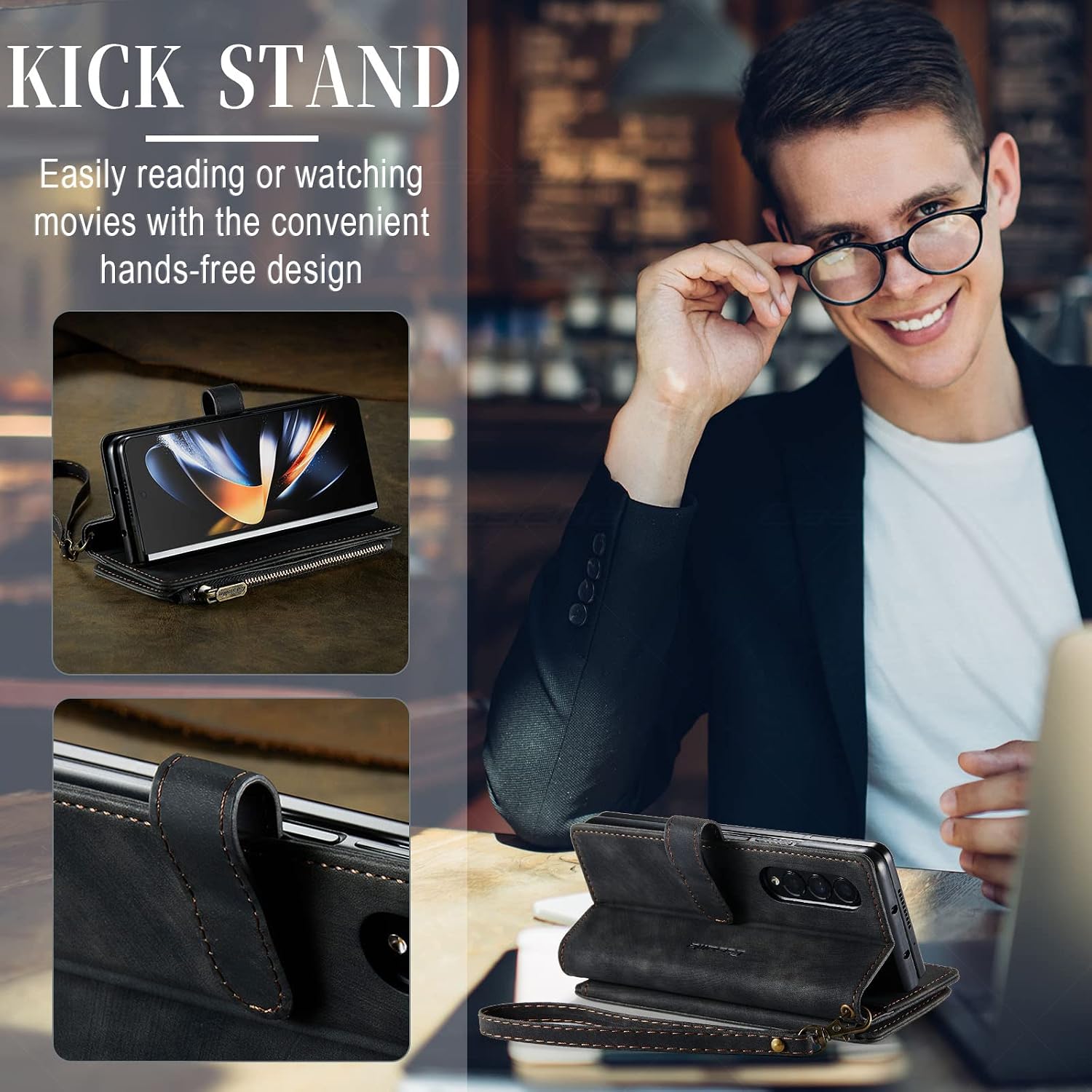 Compatible with Samsung Galaxy Z Fold 4 5G Wallet Case with Card Holder,Kickstand Magnetic Zipper Pocket Lanyard Strap Wristlet, Leather Flip Case Wallet for Galaxy Z Fold 4 5G (Black)