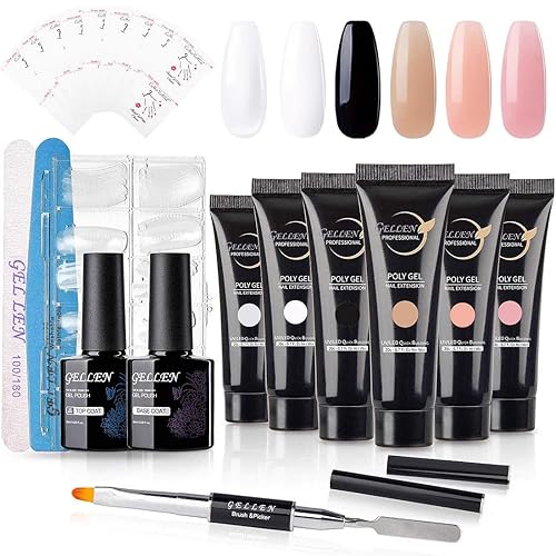 Gellen Kit de poligel de uñas de 6 colores, kit de gel de extensión de uñas de poligel blanco transparente con purpurina rosa con solución