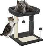 Made4Pets Poste d'éraflure de chat avec grand perchoir & Brosse auto-groomère pour chats d'intérieur, petite tour de l'arbre de chat avec sisal Cat Scratcher Post & Plaquette / 2 Jouet de boules, 6-in-1 pour les chatons, Gris