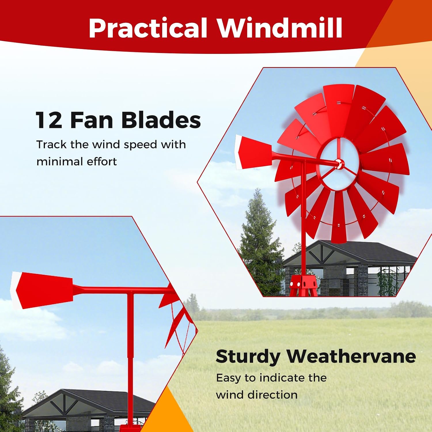 Practical windmill showing 12 fan blades and sturdy weathervane