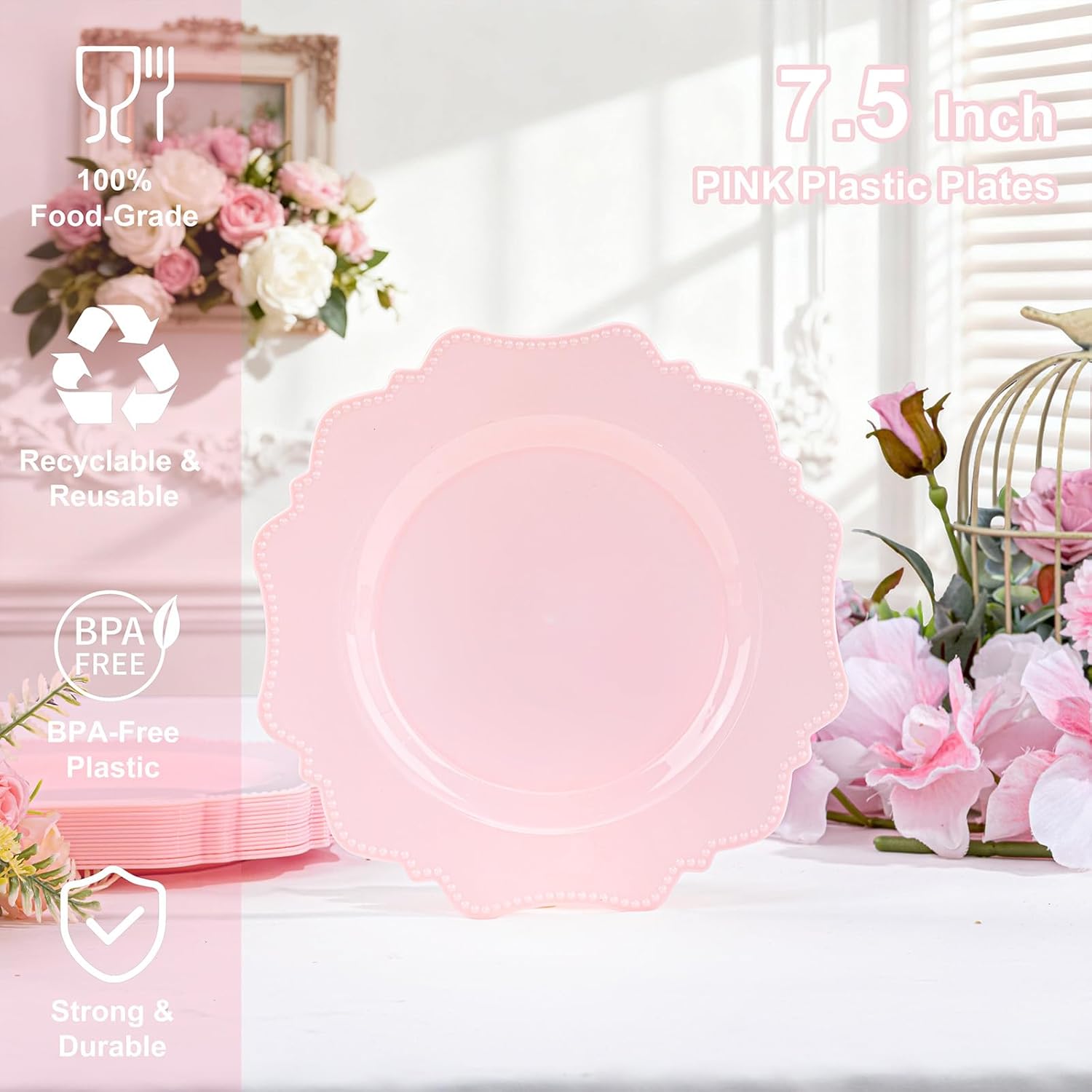 COLOSUS 60pcs Pink Plastic Party Dinner Plates - 9.5 Inch- Heavy Duty Disposable Plastic Dinner Plates for Party Wedding and Everyday Use,Easter Day