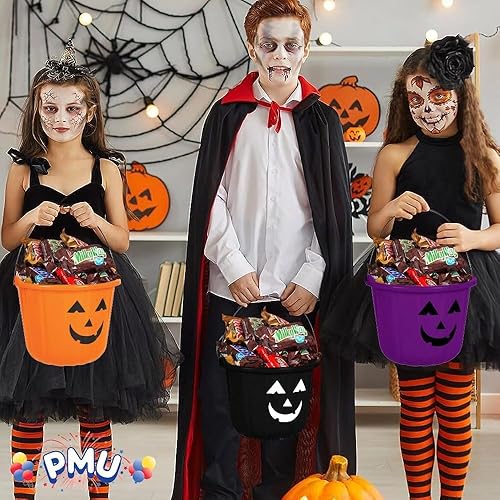 Miniatura 3 de PMU Cubo de Halloween Jack-O-Lantern para truco o trato, cesta de regalo para dulces para niños, cubos de plástico de calabaza con asa, decoración
