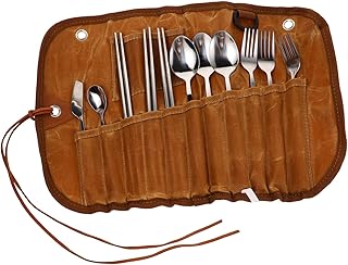 Hemobllo 1 Juego Bolsa De Almacenamiento De Cubiertos Utensilio De Viaje De Acero Inoxidable Cubiertos Plegables Horquilla De Campamento Tenedores Plegables Accesorio De Cena Marrón Nailon