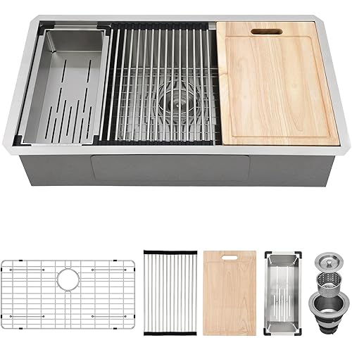 32 Inch Undermount Workstation Kitchen Sink - GhomeG 32x19 Inch 16 Gauge Stainless Steel Single Bowl with R10 Corners Deep Under Counter Basin with Accessories Large Undermount Sink