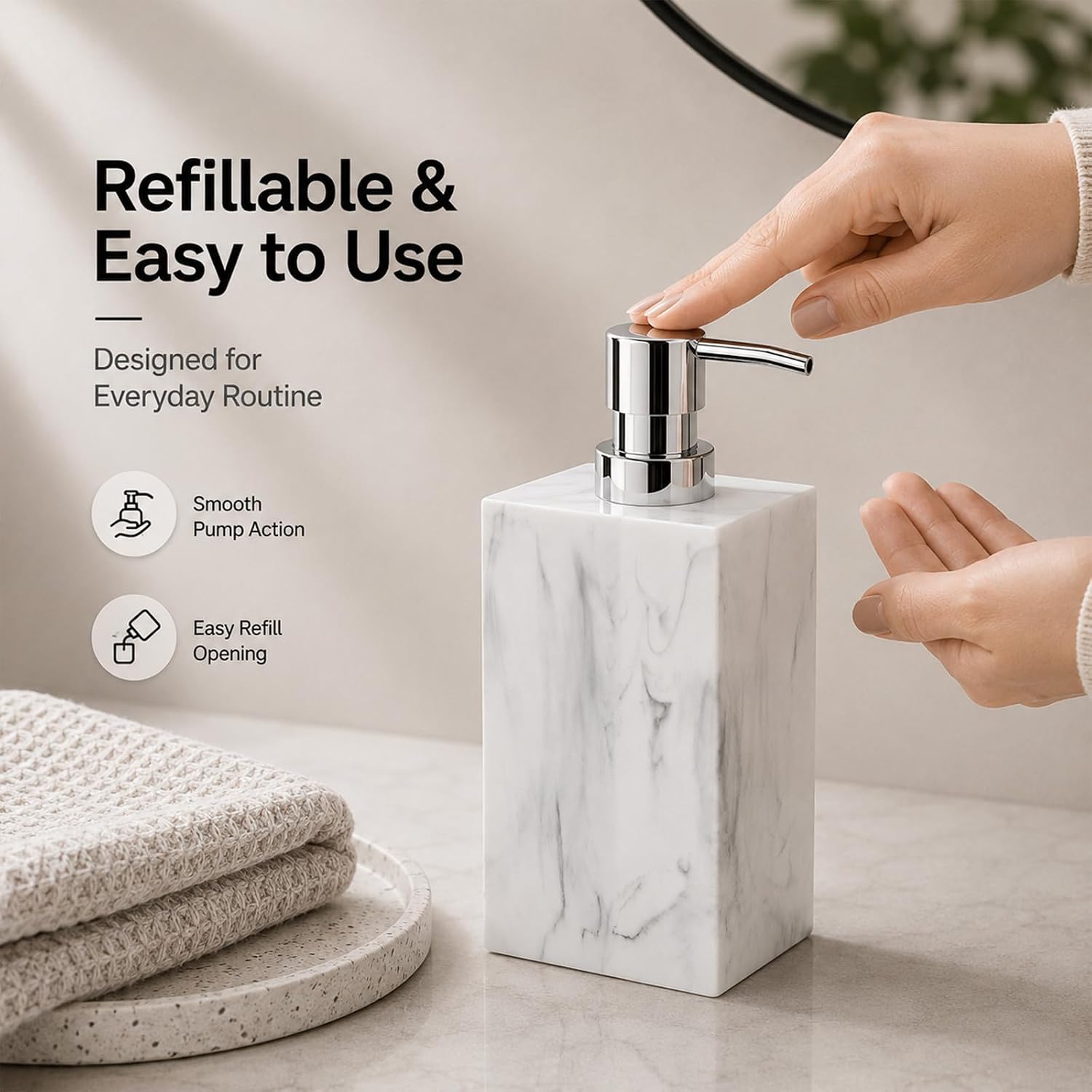 Resin Soap Dispenser, 16.9 oz Refillable Hand Soap & Lotion Pump with Marble Swirl Pattern, Modern Bathroom & Kitchen Countertop Liquid Soap Dispenser (White)