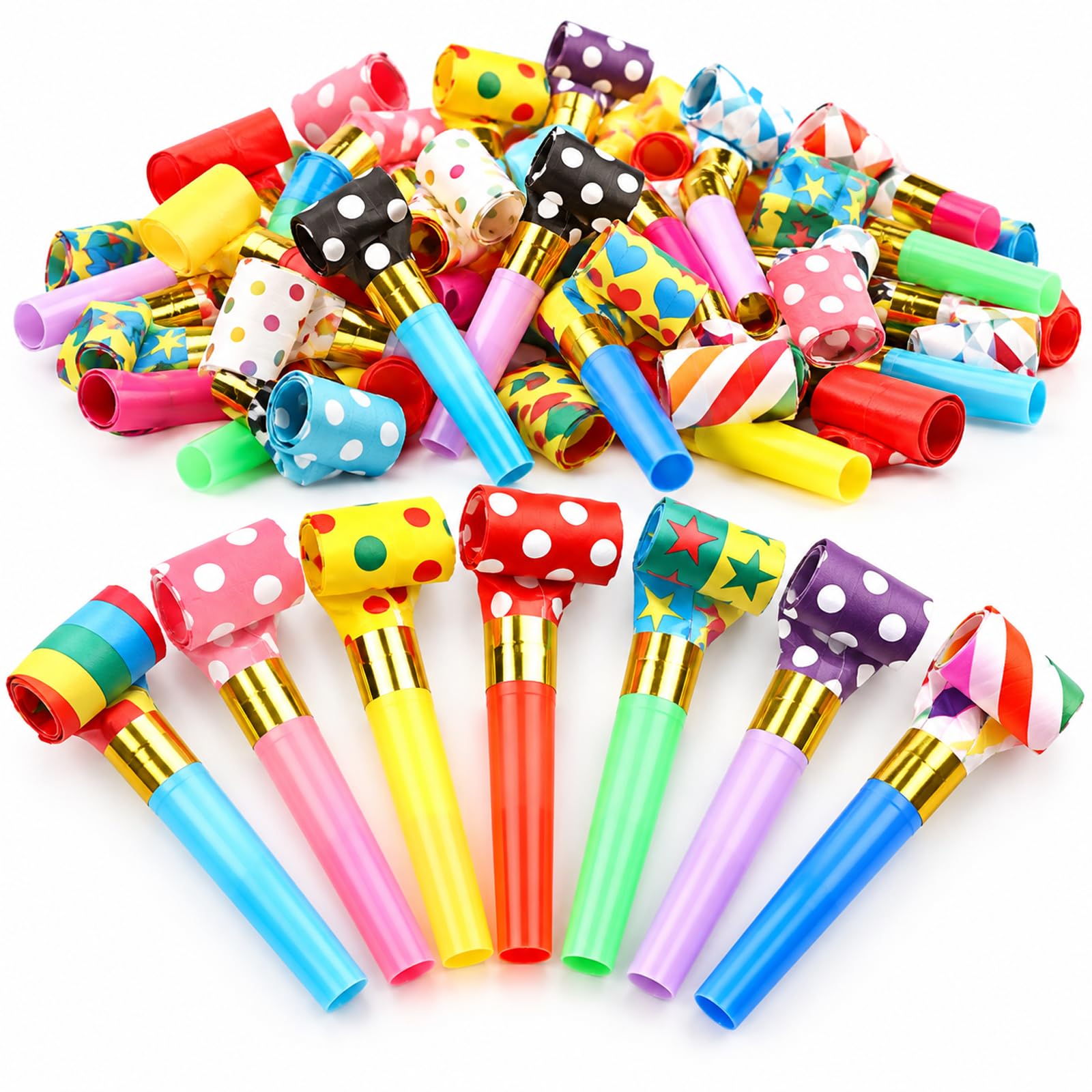 50 Pcs Party Blowouts with Fun Whistle - Colourful Birthday Noisemakers