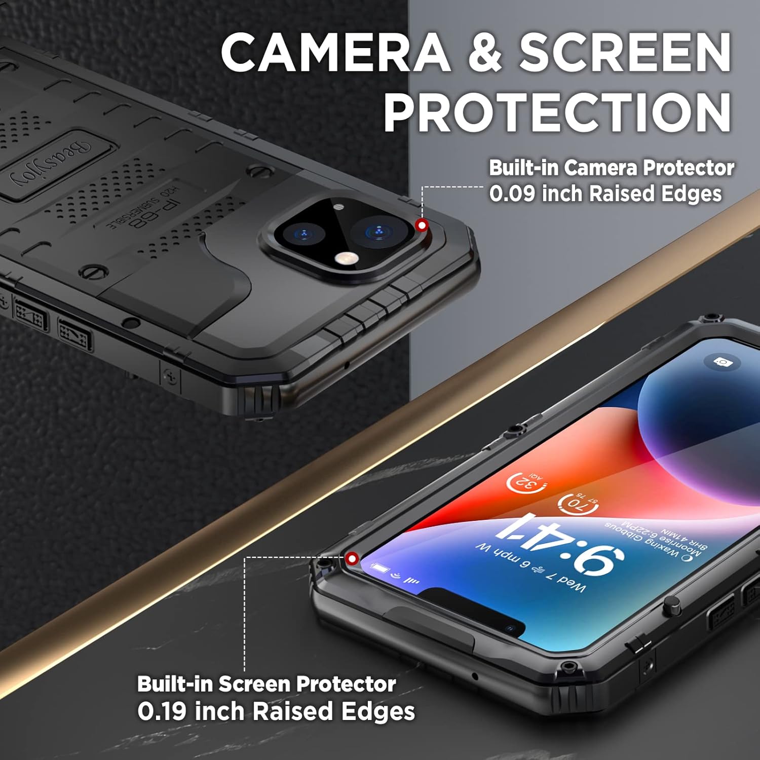 Beasyjoy for iPhone 14 Plus Case, IP68 Waterproof Metal Heavy Duty Defender Case with Built-in Screen Protector, Military Grade Full Body Protective Defender Shockproof Rugged Cover 6.7 Inch, Black