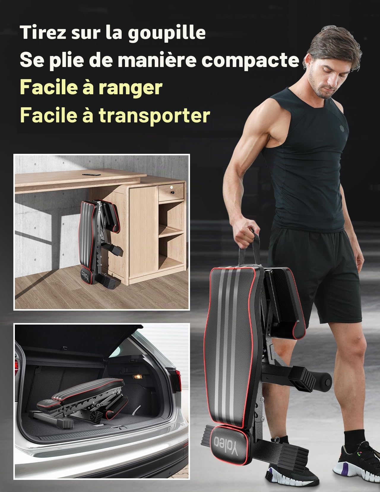 YOLEO Banc de musculation pliable multifonction avec supports pour la maison, banc de musculation réglable avec plateau, banc de musculation avec poids et curl des jambes