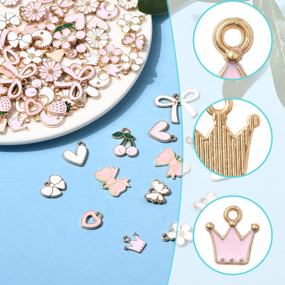 SUNNYCLUE 1 Box 80Pcs 20 Styles Assorted Pink Charms Metal Enamel Charms Bulk Alloy Coquette Bowknot Flower Heart Butterfly Crown Moon Star Pendants for Jewelry Making Bracelets Earrings DIY Crafts - Image 3