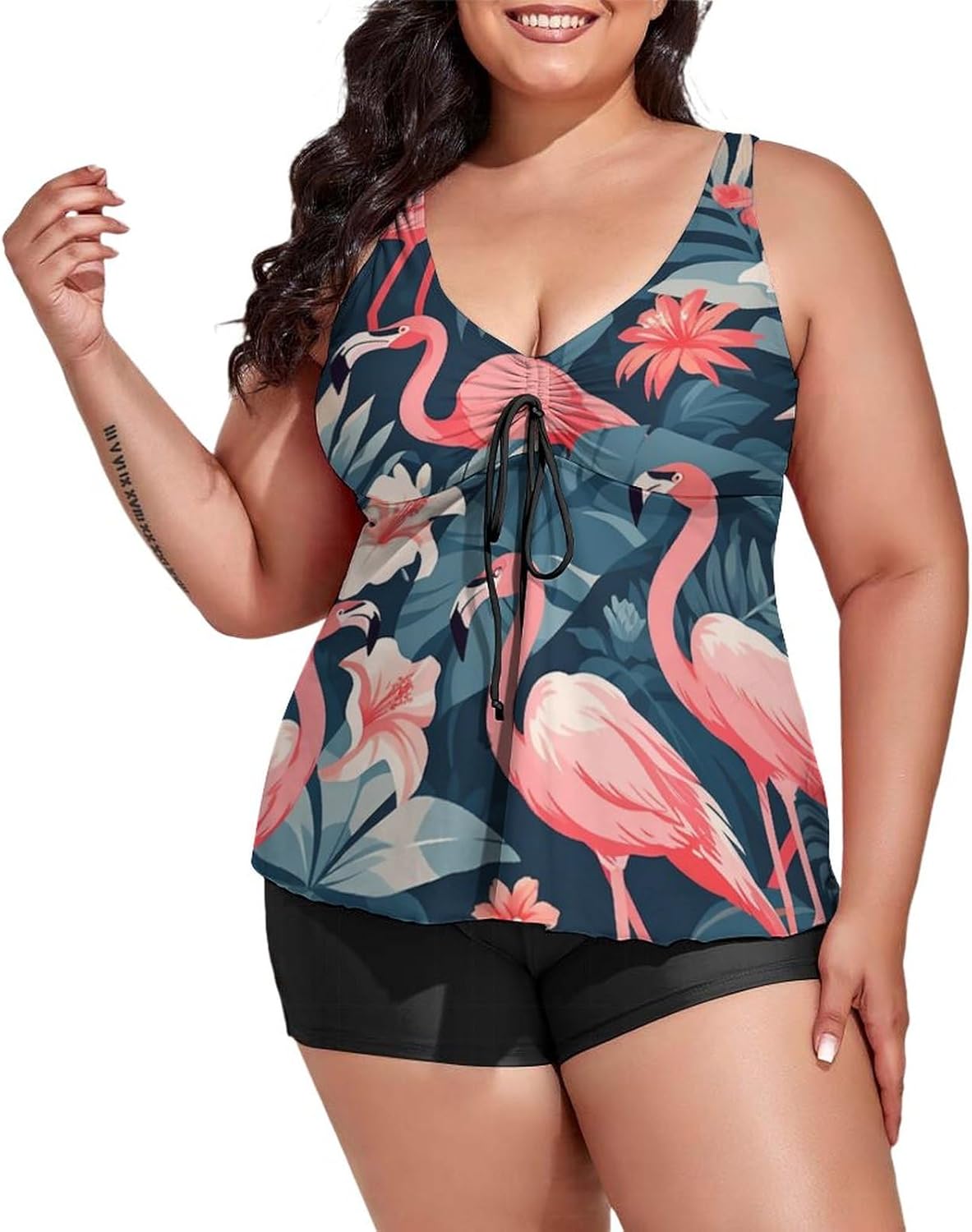 Plus Size Tankini Swimsuit for Women's Flamingo Hawaii Summer Tummy Control Swimdress Women's 2 Pieces Swimsuits with Shorts
