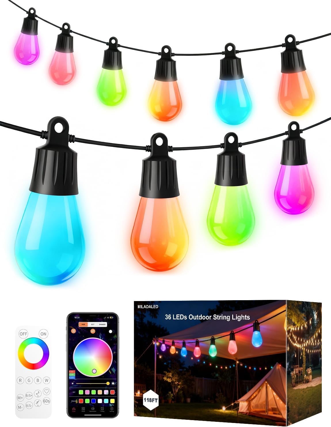 Outdoor String Lights 118FT Smart Patio Lights with Remote &APP Control, 36 LED Bulbs RGB IC Warm White, IP65 Waterproof Color Changing for Christmas, Balcony, Gazebo,Garden, Party, Holiday Decor