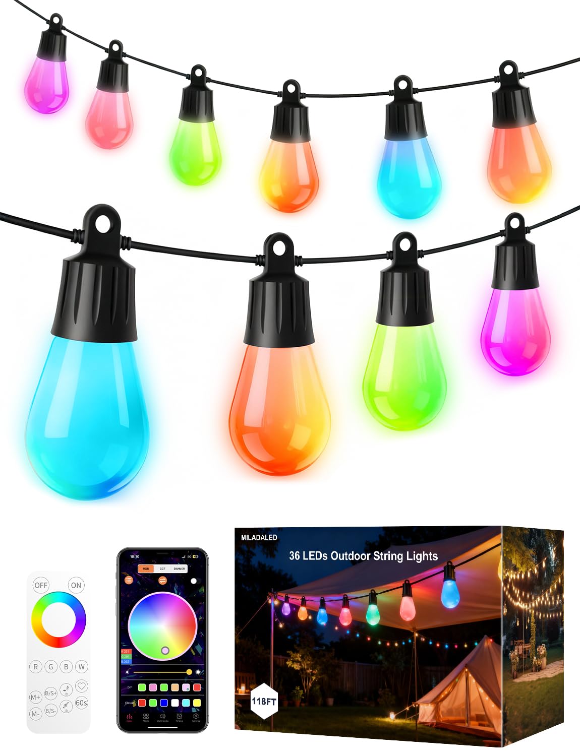 Photo 1 of MILADALED Outdoor String Lights 118FT?59FT*2 RGB +IC Color Changing Smart Patio Lights with Timer Remote &APP Control,IP65 Waterproof Shatterproof LED Lights for Backyard Balcony Garden Party Decor