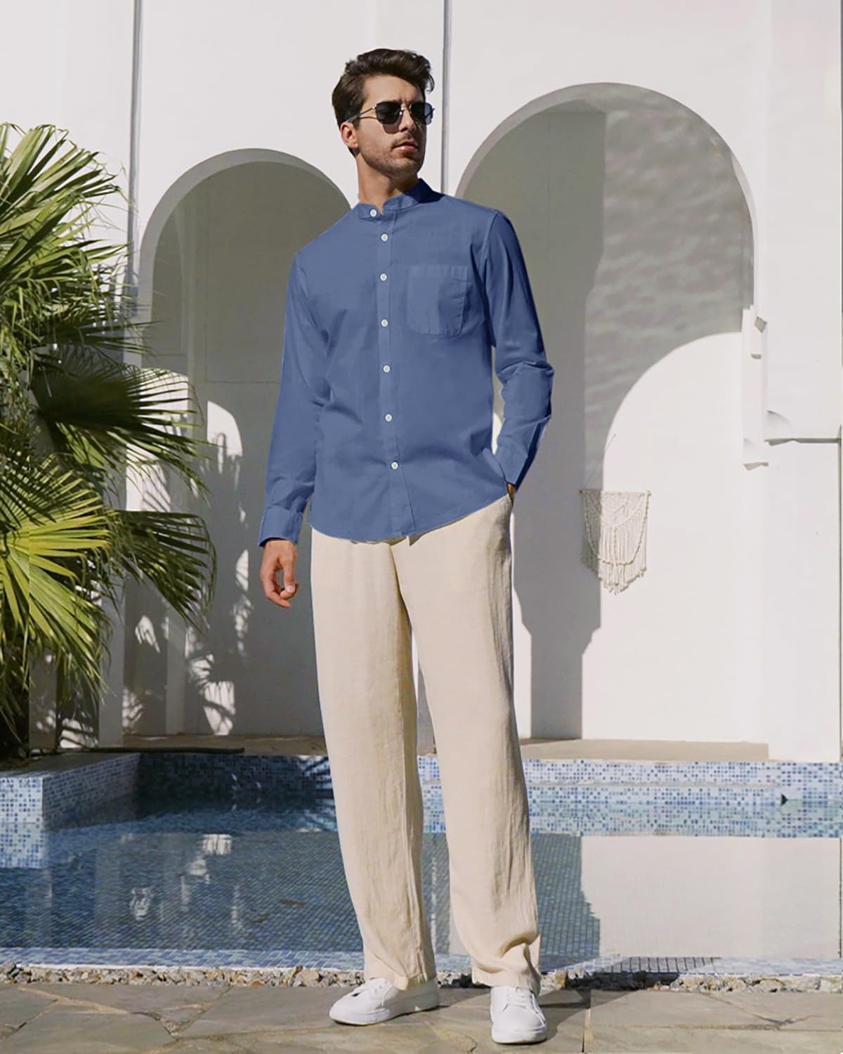 Alimens & Gentle Men's Cotton Linen Shirts Long Sleeve Button Down Shirt Band Collar Beach Shirts - Image 2