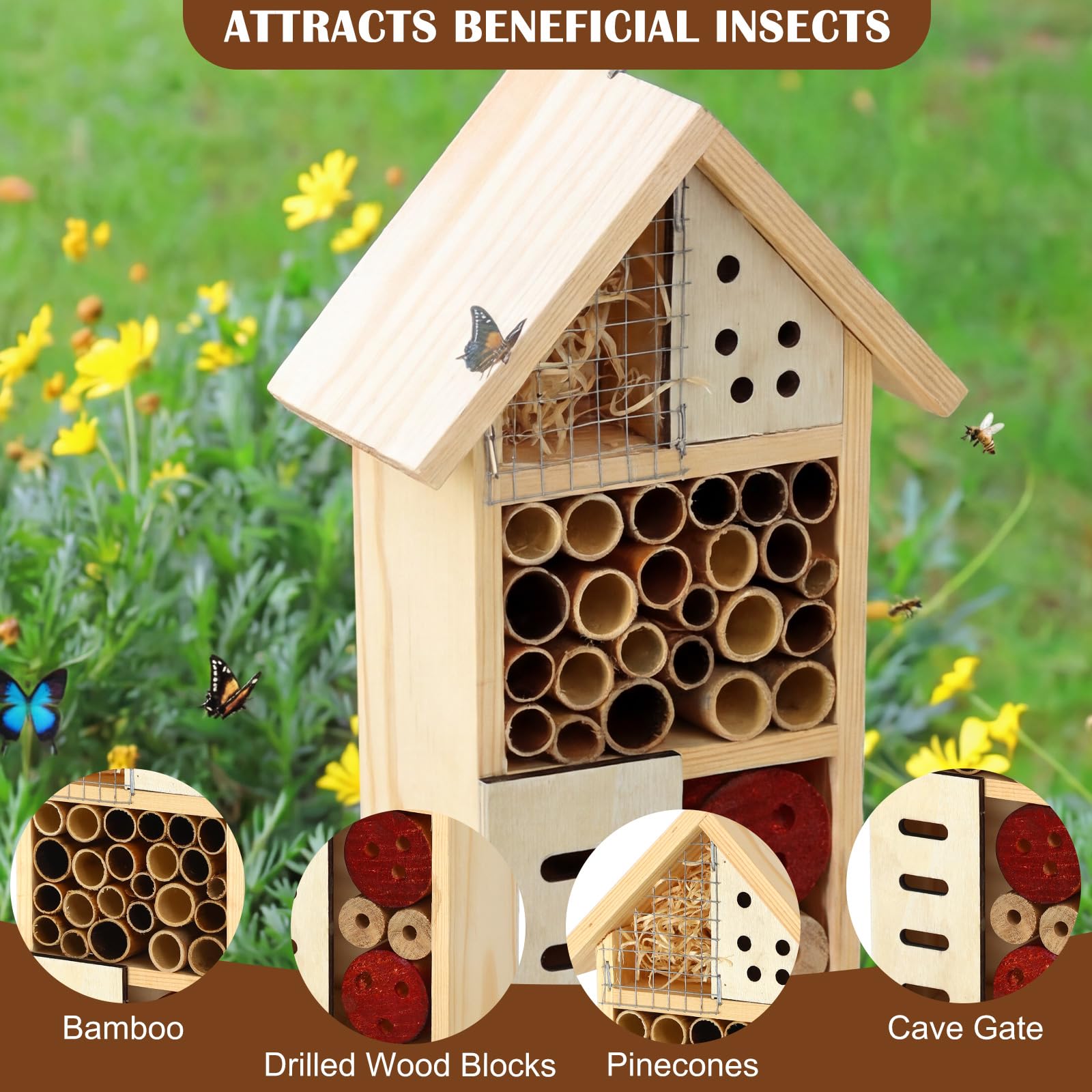 Novabright Casa per insetti in legno con paletto in metallo, per hotel, api, habitat naturale, per api, farfalle, coccinelle, insetti utili, giardino, cortile