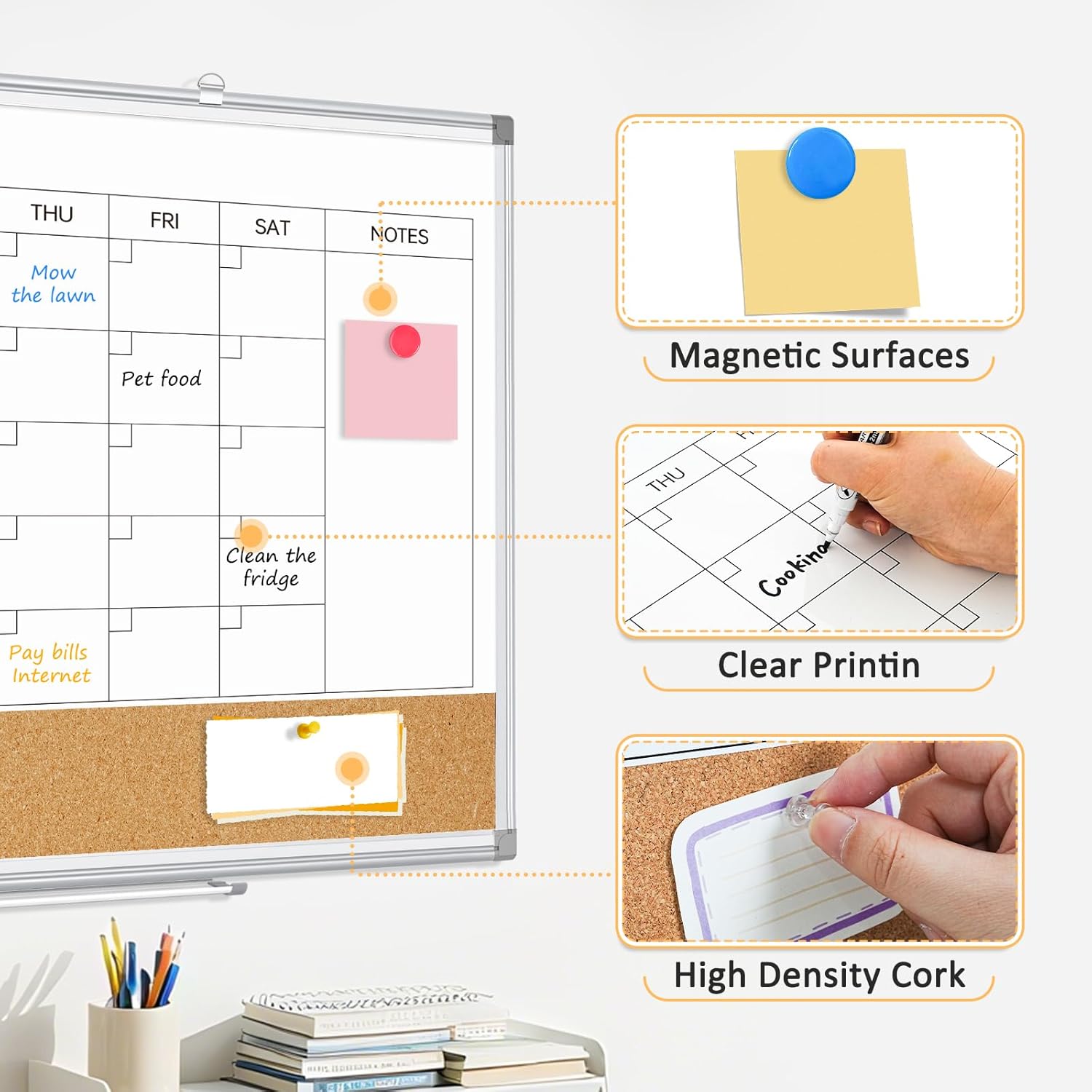 Dry Erase Calendar Whiteboard for Wall, 24"x18" Magnetic Monthly White Board Cork Board Combo, Double Sided, Aluminum Frame, Wall Hanging Wipe Board for Home, Office, School, Dorm