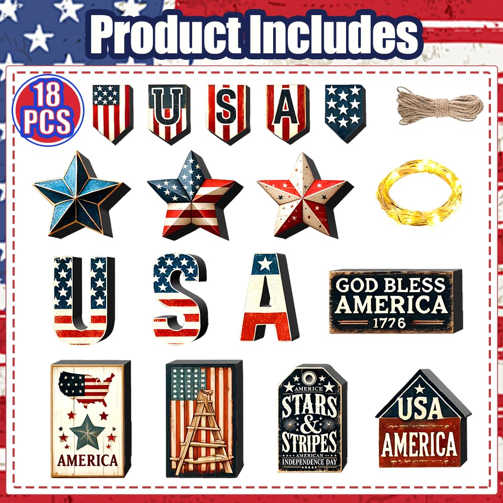 kauomi 18 Pcs 4th of July Tiered Tray Decorations Set - Fourth of July Decorations, Independence Day Decorations, American Patriotic Wood Tiered Tray Decor for Table, Party, Home, Office