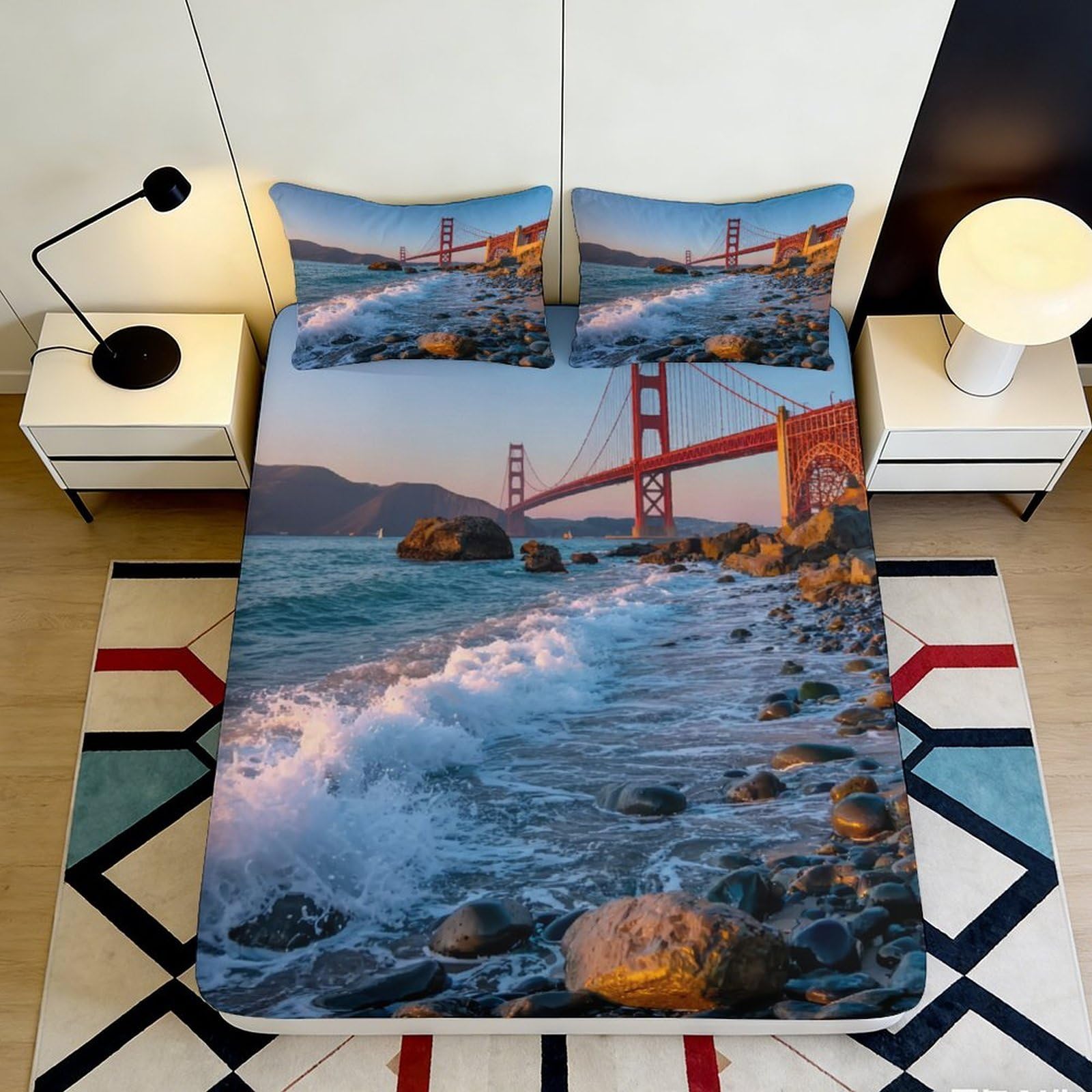 Dhbaneiok Style-4 3D Printed Golden Gate Bridge Fitted Sheet Microfiber Scenic Ocean Bed Cover For Bedroom Guest Room Mattress Protection Decor 90X200x25cm