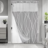 Vista 8 de Juego de cortina de ducha larga a rayas gris y blanco degradado sin gancho con forro a presión - Juego de cortina de ducha y forro de hotel