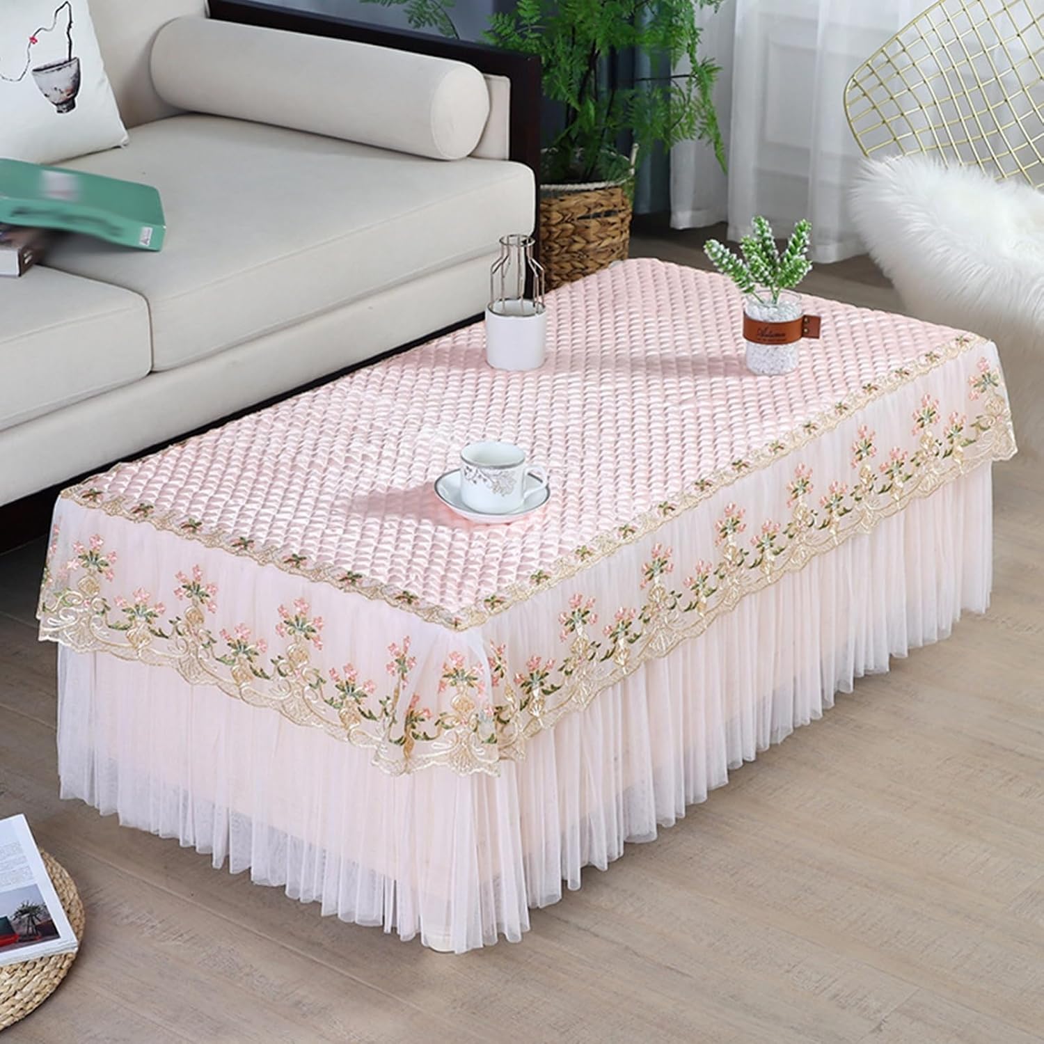 レース テーブルクロス 食卓カバー テーブルカバー 長方形 北欧風 おしゃれ 花柄刺繍 フリル 汚れ対策 テーブルマット テーブル掛