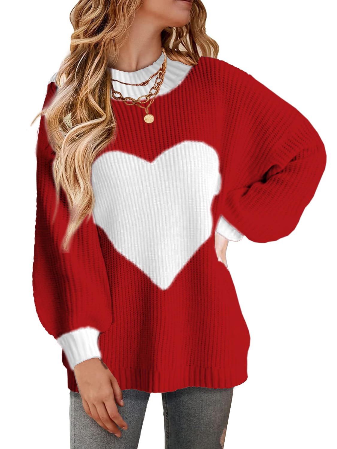 Oversized Valentine Heart Sweater for Women Boyfriend Style Long Sleeve Crewneck Sweaters Women Casual Tops