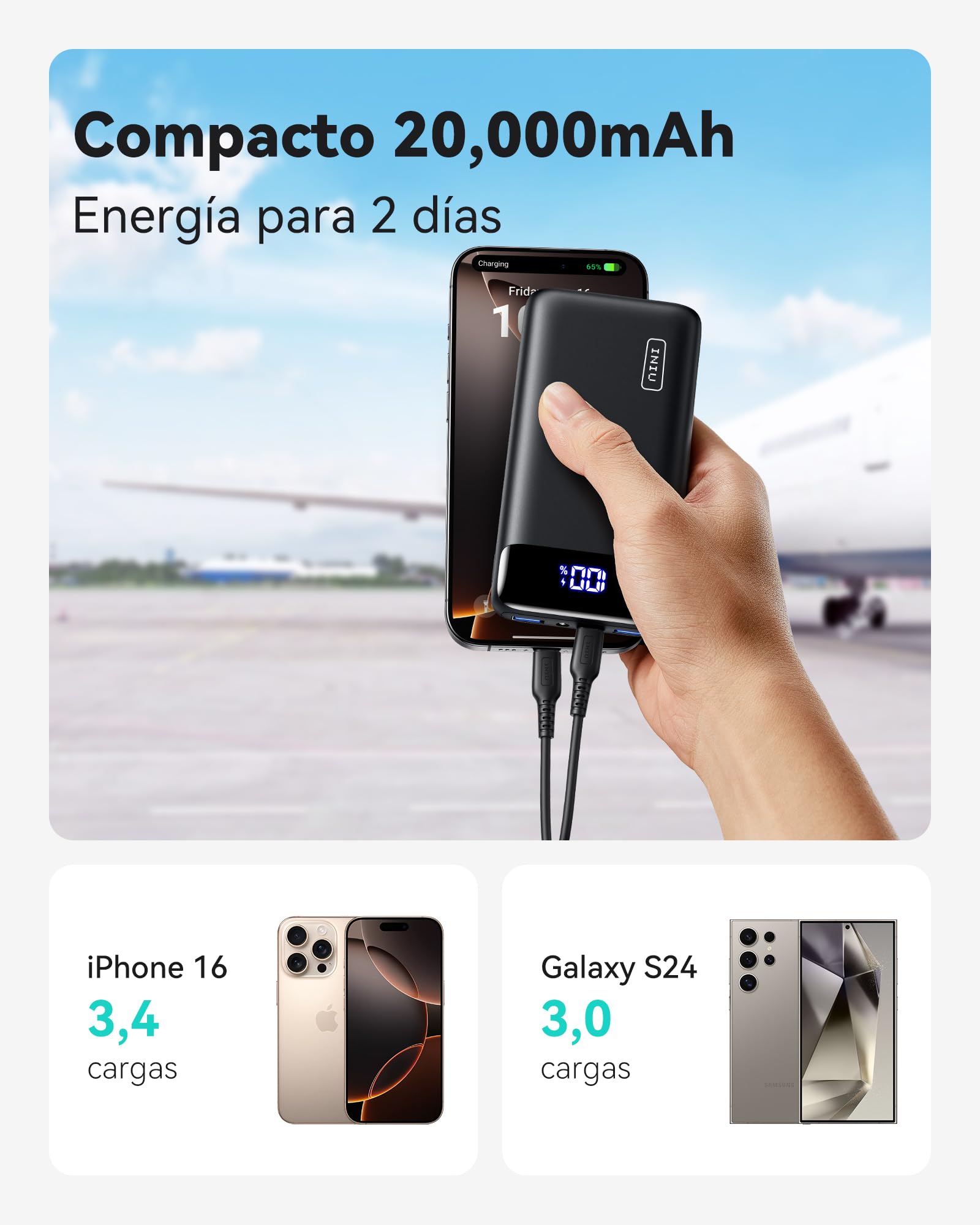 INIU Power Bank, 20000mAh 22,5W Carga Rapida Bateria Externa, Apto para Avión, Esenciales de Viaje, Bateria Portatil para iPhone 17 16, Samsung S25, iPad, Xiaomi etc
