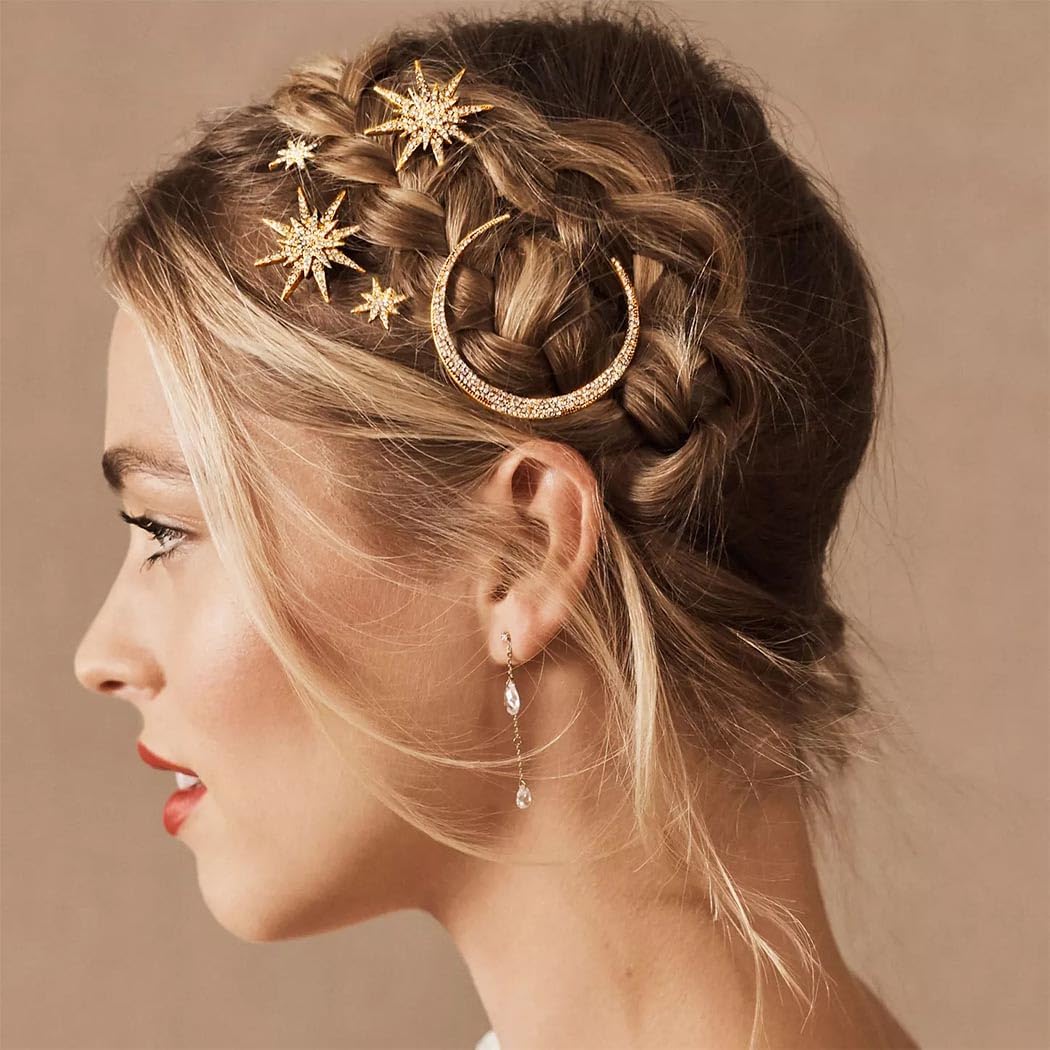 BARTOSI Moon Star Hair Clips Gold Stars Hair pins Crystal Celestial Hair Accessories for Women and Girls (Pack of 3)