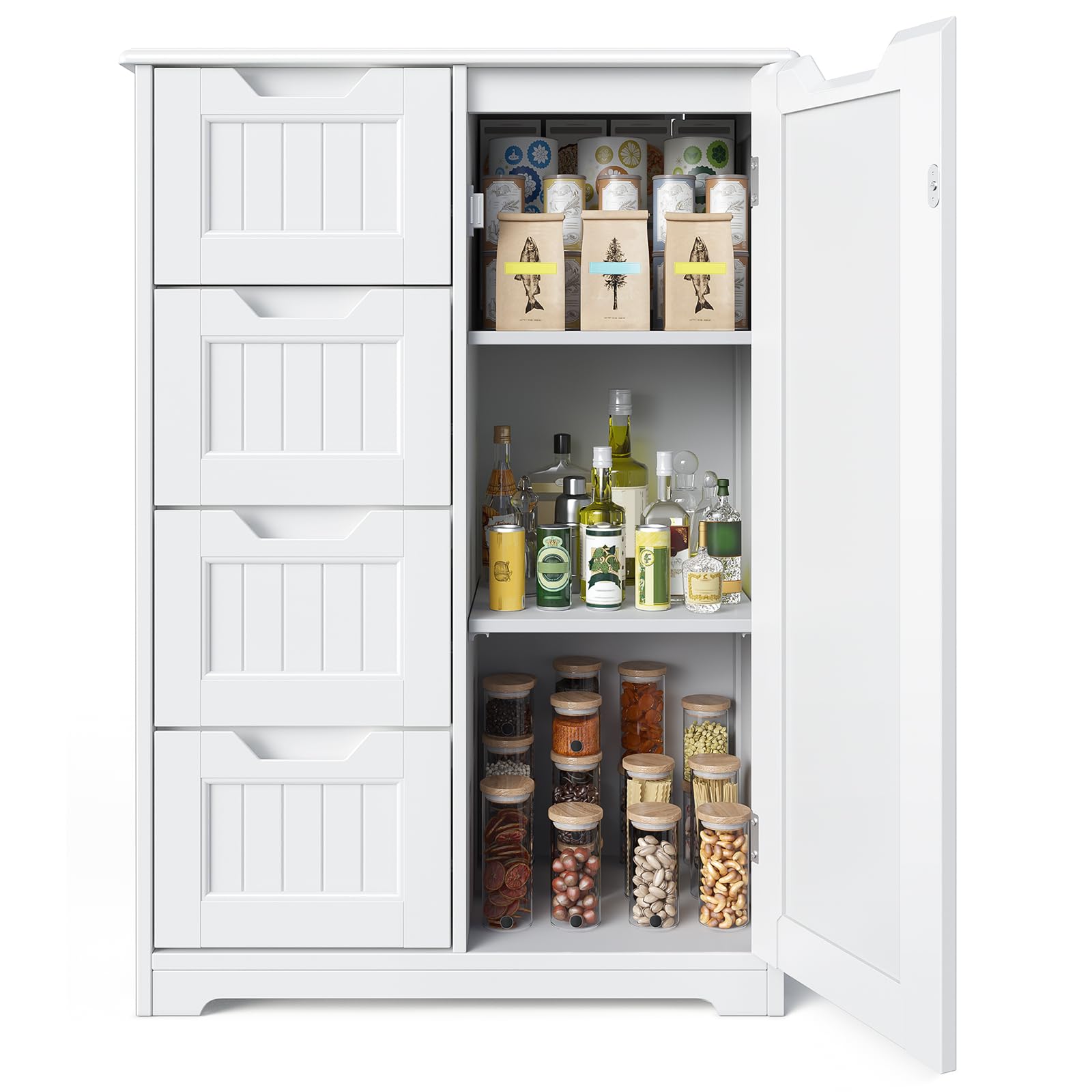 Gizoon 33" Kitchen Pantry Storage Cabinet with Door and Shelves, Small Food Pantry Cabinet Cupboard, Freestanding Wooden Bathroom Storage Cabinet with 4 Drawers for Kitchen and Dining Room, White