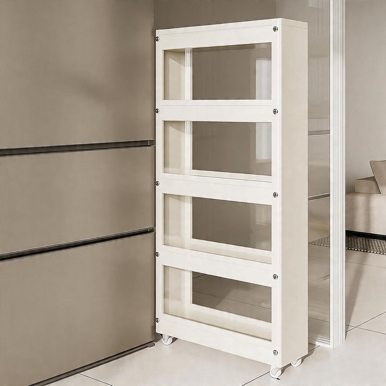 Slim Storage Cart, Narrow Cabinet with Wheels and Handle, Multi-Tier Organizer, Next to Refrigerator, for Kitchen, Bakers, Pantry, Dining Room(15.7x4.7x52.7in)