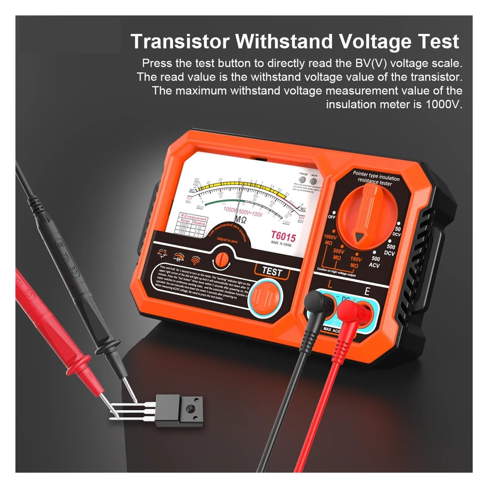 Tester rezystancji, Miernik rezystancji izolacji T6015 z czujnikiem napięcia AC/DC, megaomomierzem 2000 MΩ z możliwością ładowania przez USB, do testowania elektrycznego