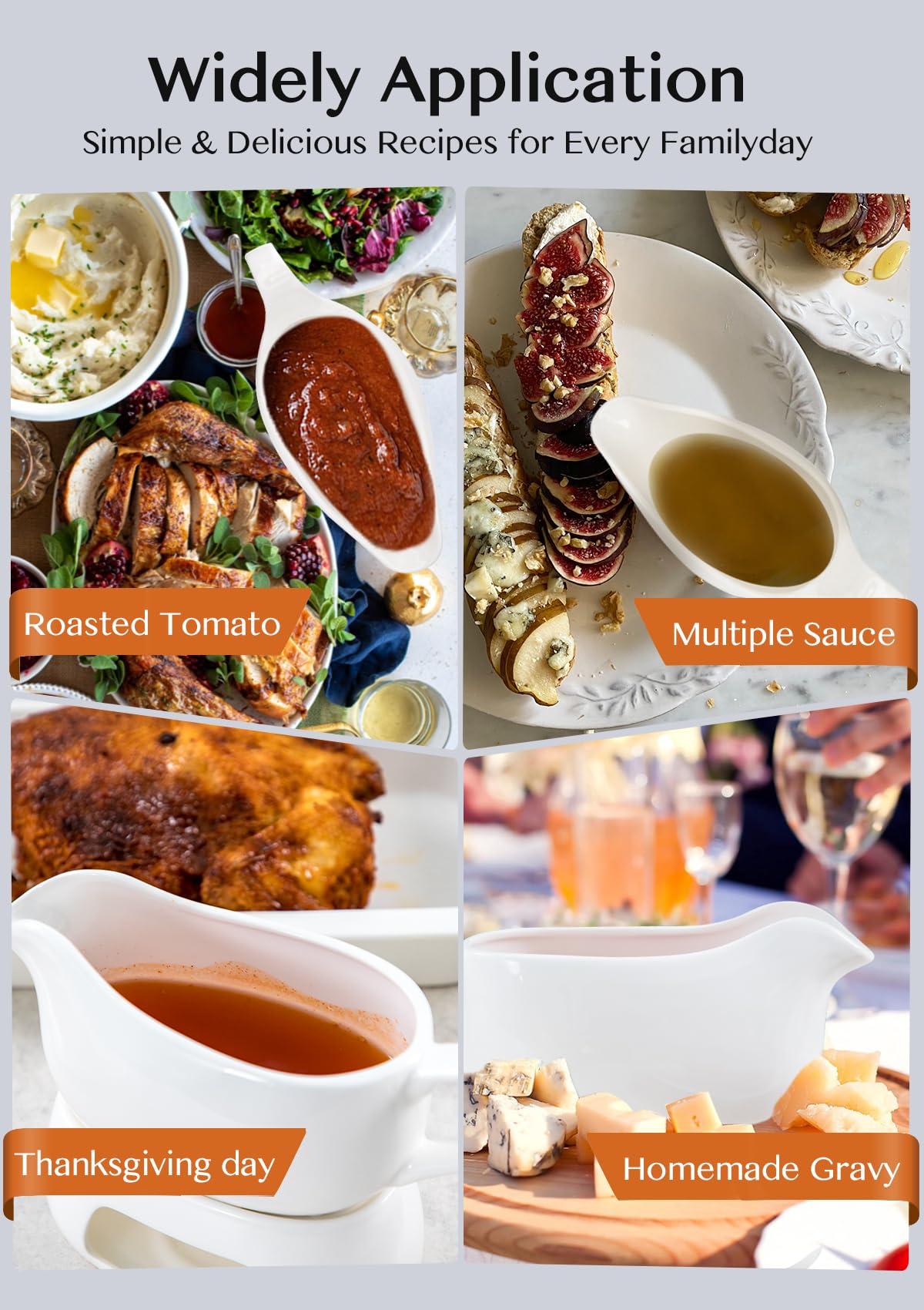 Nucookery Salsera grande de 18 onzas con calentador, salteador de porcelana fina blanca con boquilla grande sin goteo, cuenco para salsa para Acción de Gracias, salsas calientes, aderezos de ensalada,