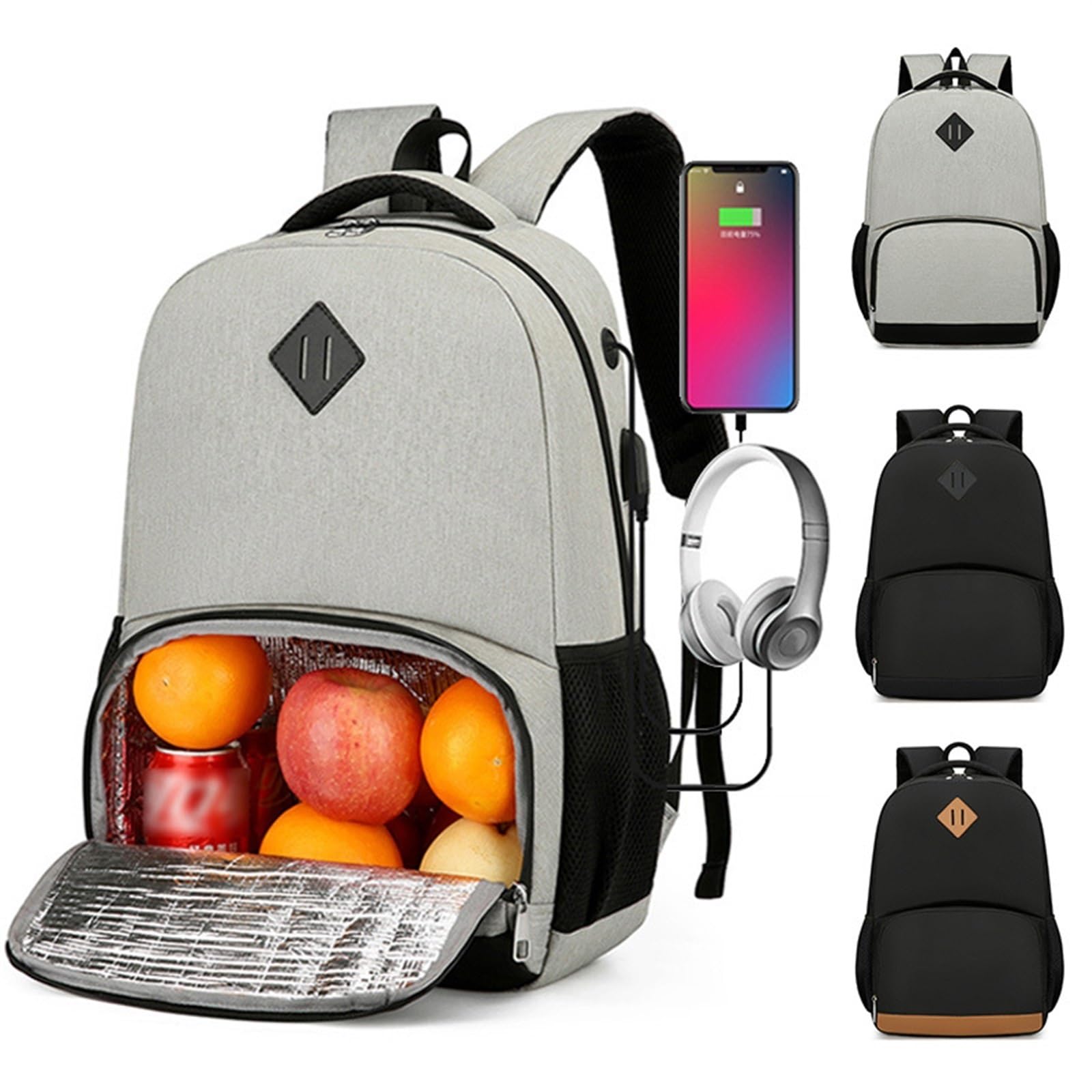 Bolsa de Almuerzo Mochila de Preparación de Comidas para Hombres y Mujeres, con Refrigerador, Puerto USB y Bolsa Térmica