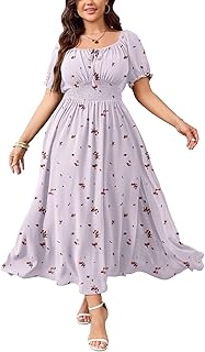 Women's Plus Size Maxi Dress Short Sleeve Smocked Square Neck Tie Front ...