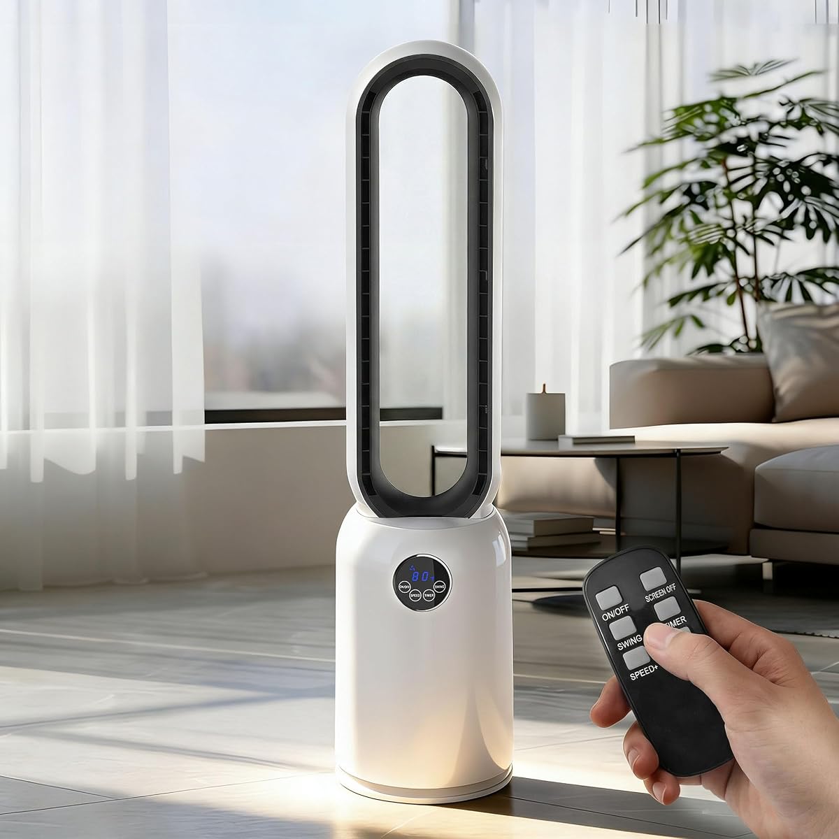 Ventilador de torre sin aspas de 36 pulgadas para dormitorio, ventiladores de pie con control remoto | Potente flujo de aire de 26 pies/s, 24 velocidades, temporizador de 12 horas, ventiladores de piso con oscilación de 90°, ventilador de refrigeración silencioso sin aspas para la habitación de la oficina en casa