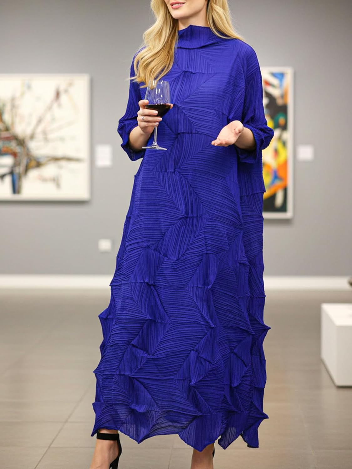 Plus Size Dresses for Women Round Neck Half Sleeve Wrinkle-Free One Size Casual Pleated Design Dresses - Image 3