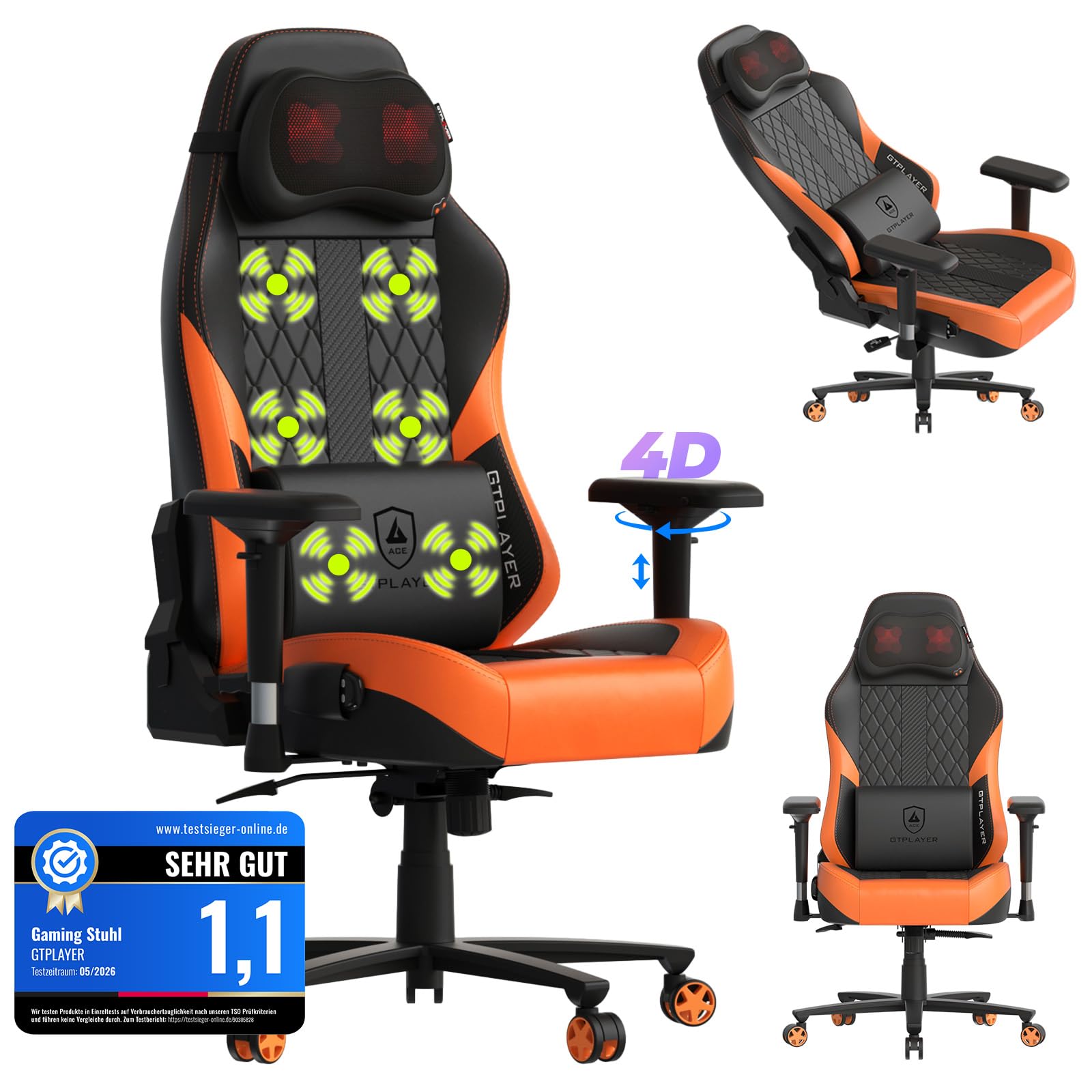 GTPLAYER Gaming Stuhl mit Massage, Gamer Stuhl mit Taschenfederkissen Fußstütze, Ergonomischer Gaming Sessel Bürostuhl 4D Armlehnen,Orange
