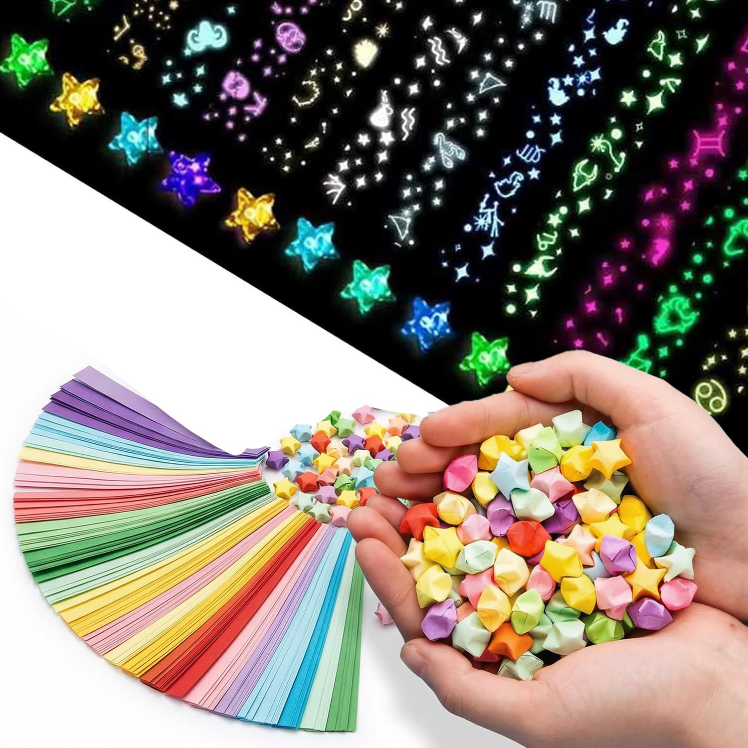 510 hojas de estrellas de papel de origami que brillan en la oscuridad, tiras de papel luminosas de color degradado para decoración de estrellas de la suerte y manualidades