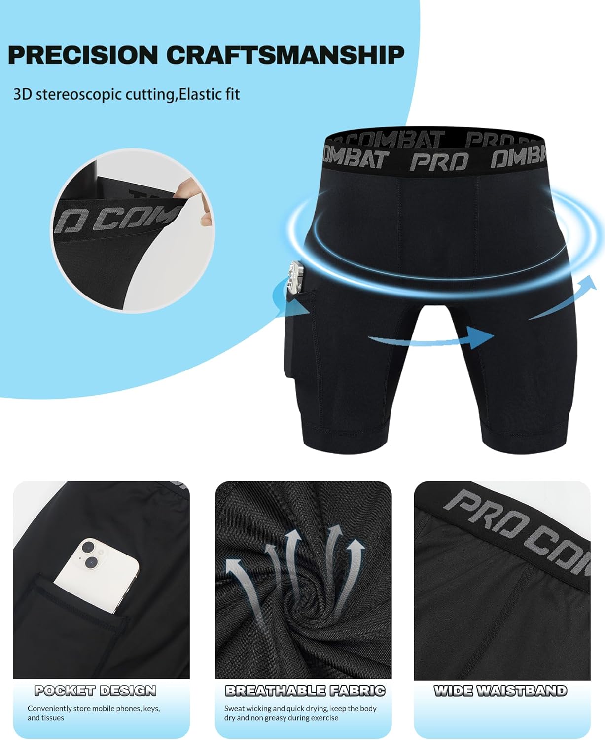 5 Pack Compression Shorts Men with Pocket Spandex Athletic Baselayer Shorts Quick Dry Compression Sports Underwear - Image 2