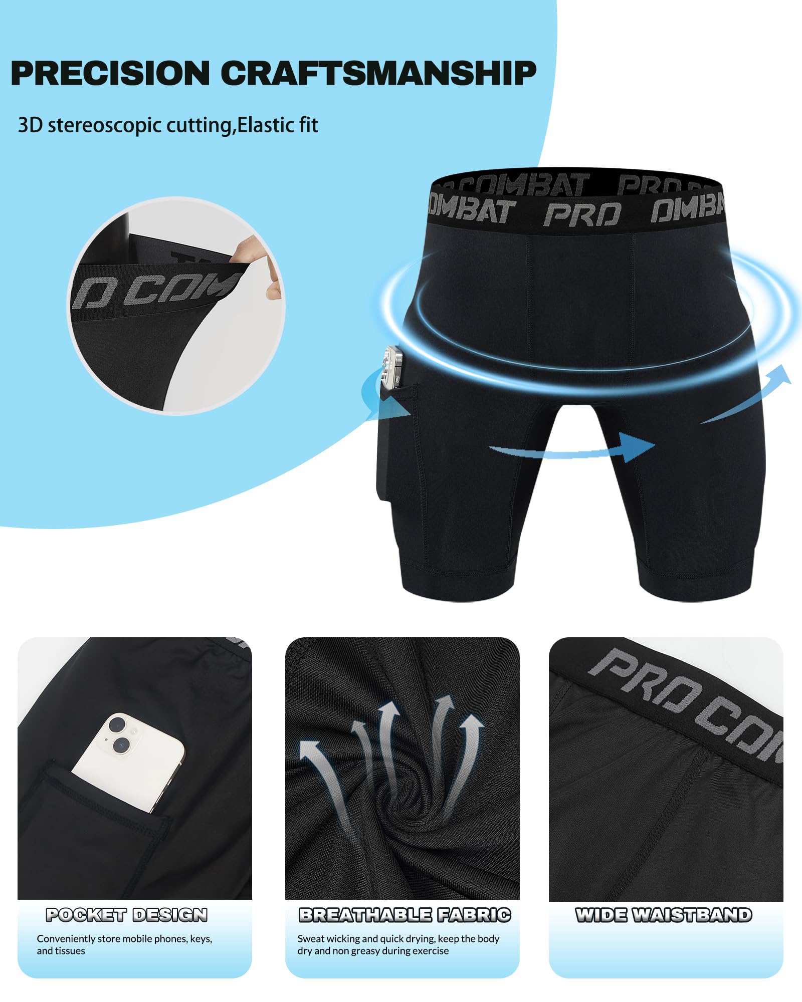 Confezione da 5 pantaloncini a compressione da uomo con tasca in spandex atletico strato base ad asciugatura rapida compressione biancheria intima sportiva