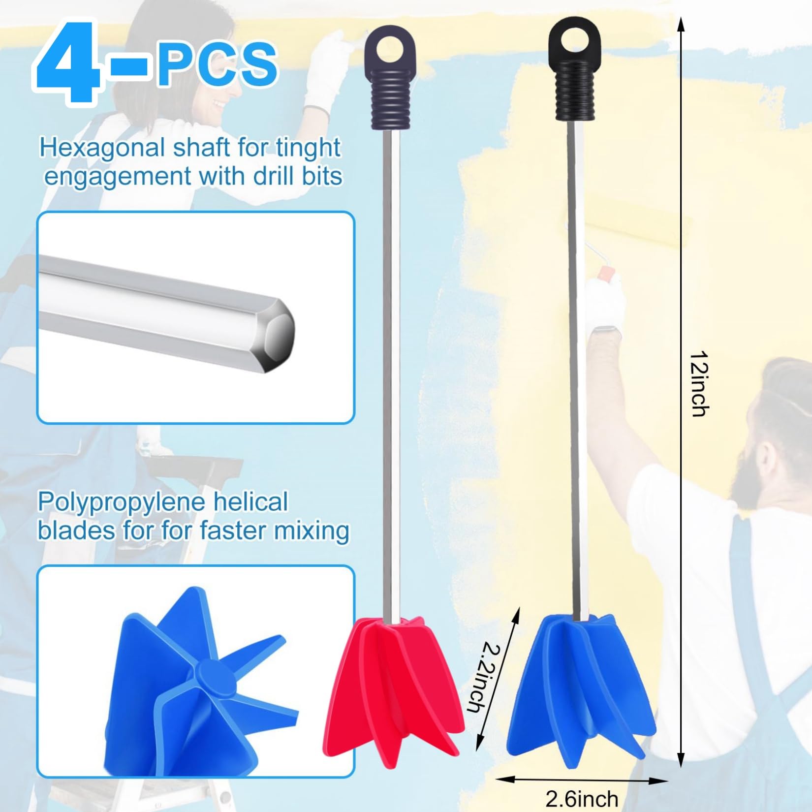 11.8 Inch Paint Stirrer for Drill, Drill Mixer Attachment, Epoxy Mixer, Paint Mixer for Drill, Helix Drill Paint Mixer for Most Drills, Resin Mixer, Mixing Concrete Resin Paint (4)