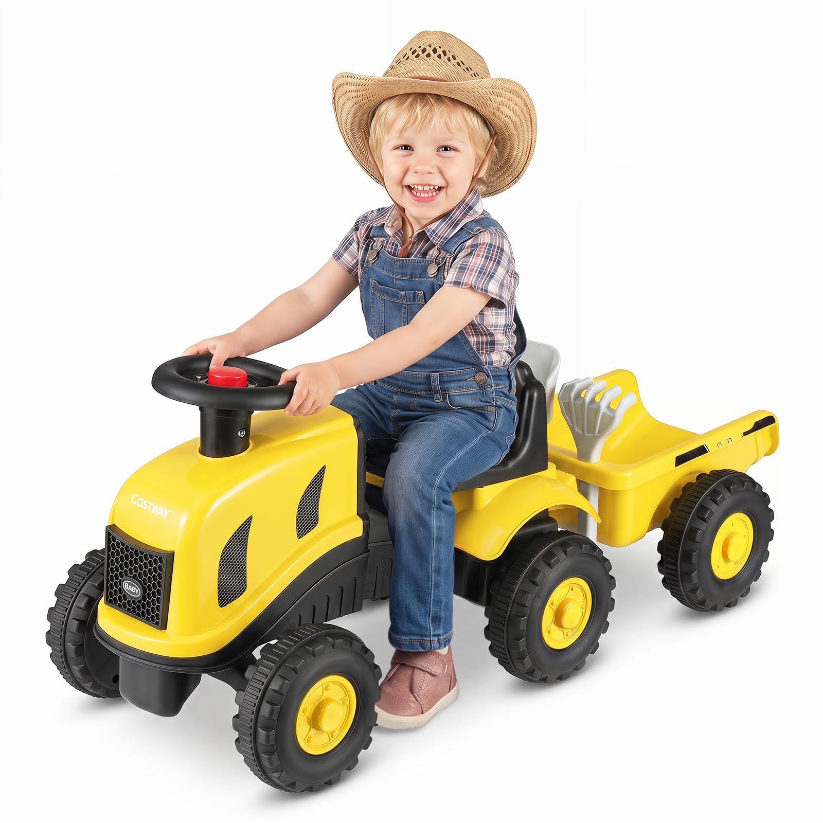 COSTWAY Kids Ride on Tractor with Detachable Trailer (Yellow, 88x35x35cm)