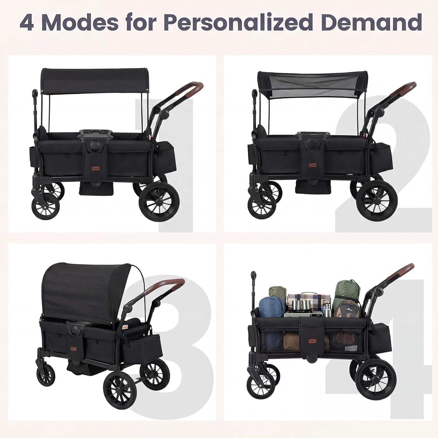 INFANS Wagon Stroller for 2 Kids, Foldable Wagon Cart with Adjustable Handle Pull Bar, Removable Canopy, Footwell, Snack Tray, Harnesses for Infants Toddlers 6-36 Months (Black)