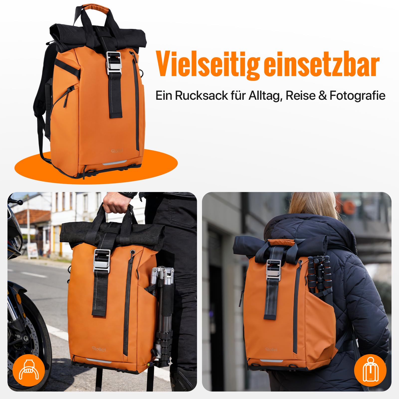 Rollei Fotoliner Ocean Rolltop Kamerarucksack Wasserdicht Fotorucksack Groß Kamera Rucksack mit Laptopfach Stativhalter für DSLR SLR Kameras