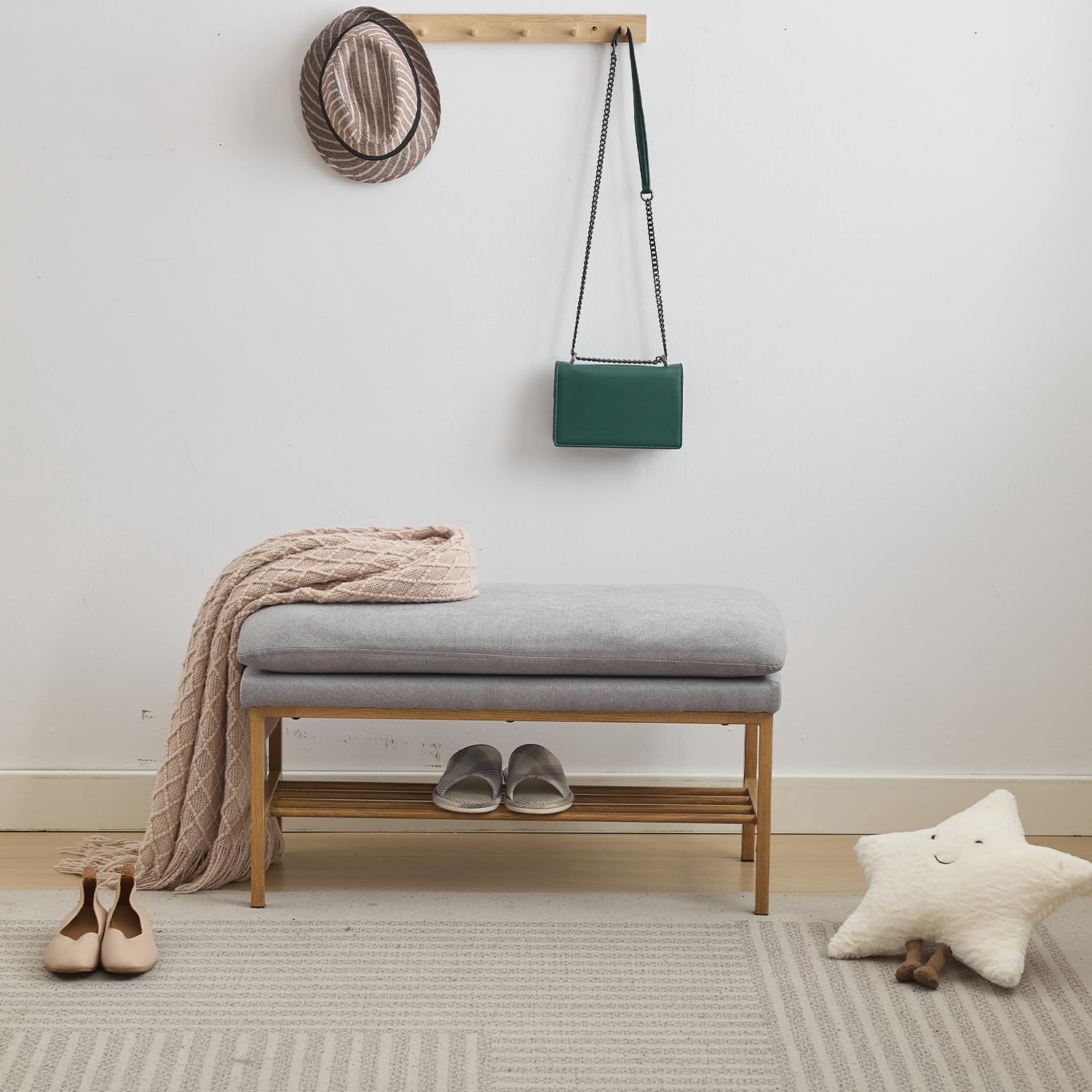 Banc de lit rembourré 32'' avec étagère à chaussures en lin beige et gris