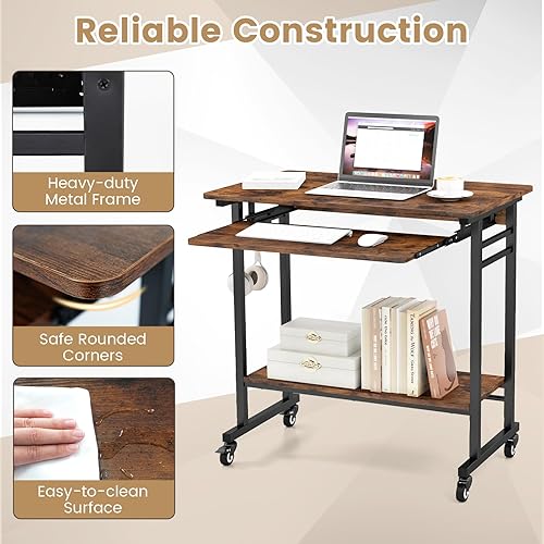 Miniatura 6 de Giantex Escritorio para computadora con ruedas, escritorio móvil con bandeja para teclado y ruedas, carrito de mesa portátil para computadora